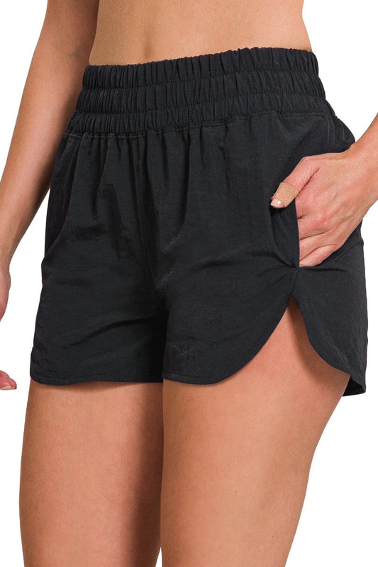 Black Smocked Running Shorts