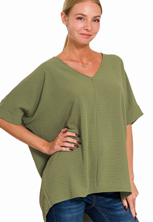 Olive Woven V-Neck Short Sleeve Top