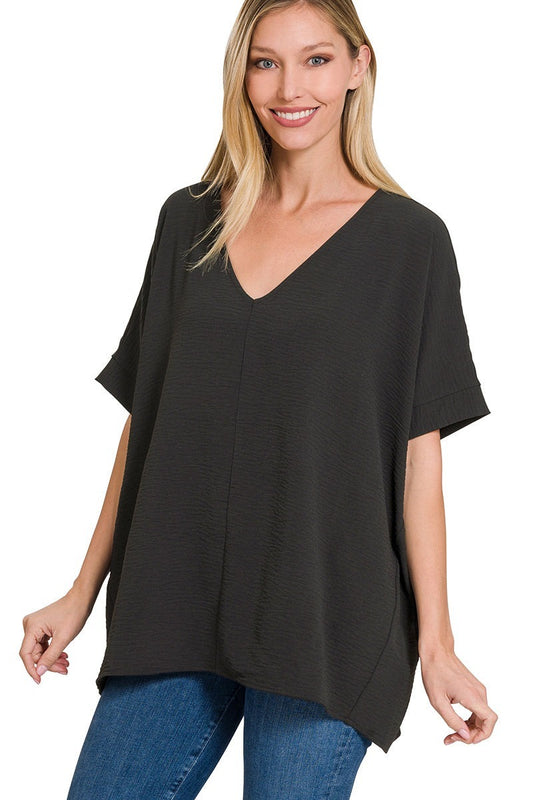 Black Woven V-Neck Short Sleeve Top