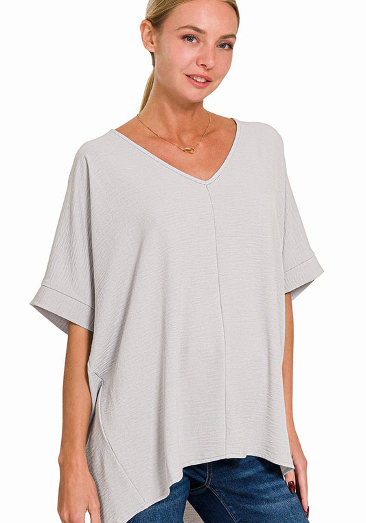 Gray Woven V-Neck Short Sleeve Top