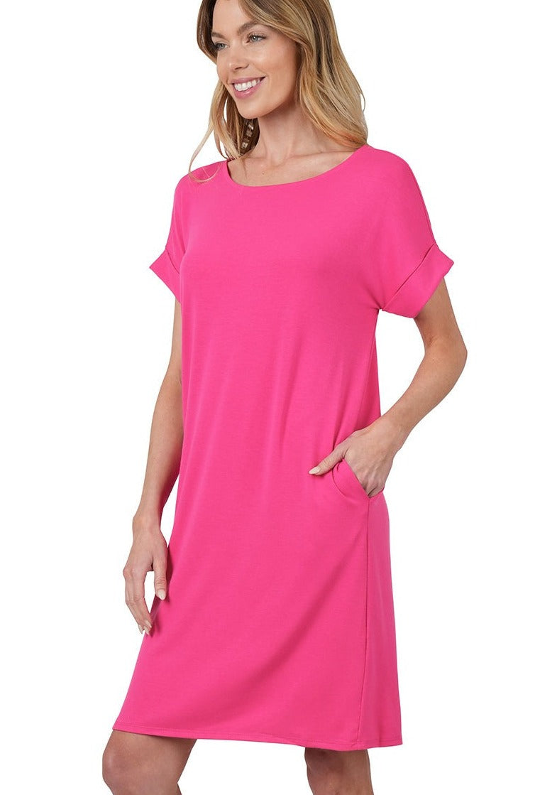 Hot Pink Rolled Short Sleeve Dress