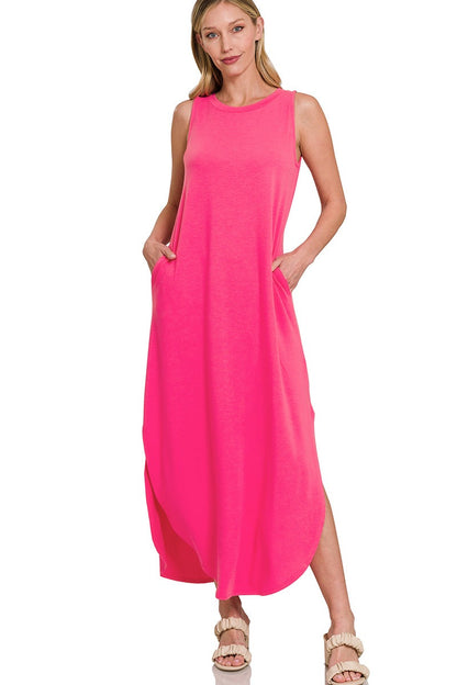 Hot Pink Sleeveless Maxi Dress with Pockets