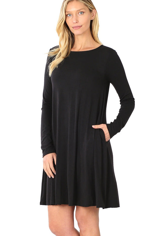 Black Long Sleeve Flare Dress with Pockets