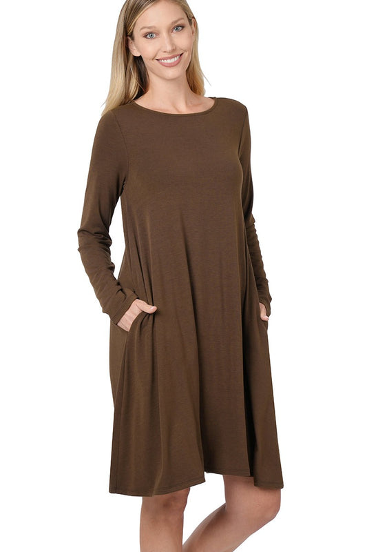 Brown Long Sleeve Flare Dress with Pockets