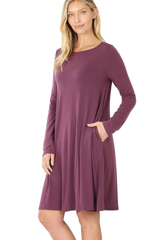 Eggplant Long Sleeve Flare Dress with Pockets