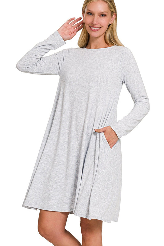 Heather Gray Long Sleeve Flare Dress with Pockets