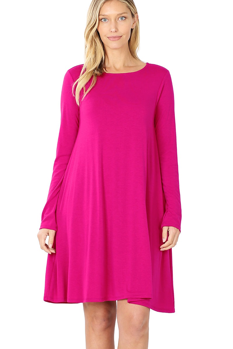 Magenta Long Sleeve Flare Dress with Pockets