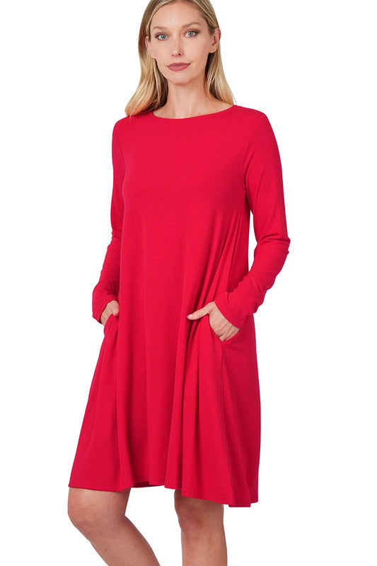 Red Long Sleeve Flare Dress with Pockets