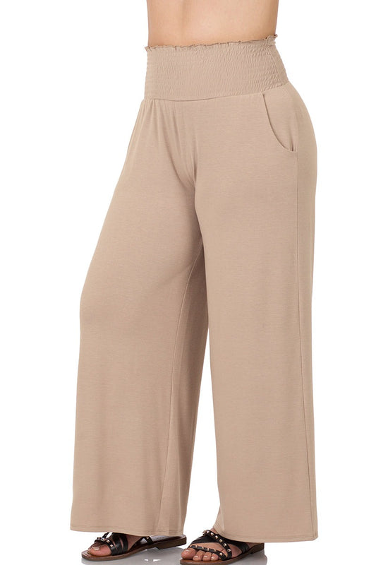 Plus Mocha Smocked Waistband Lounge Pants (With Pockets)