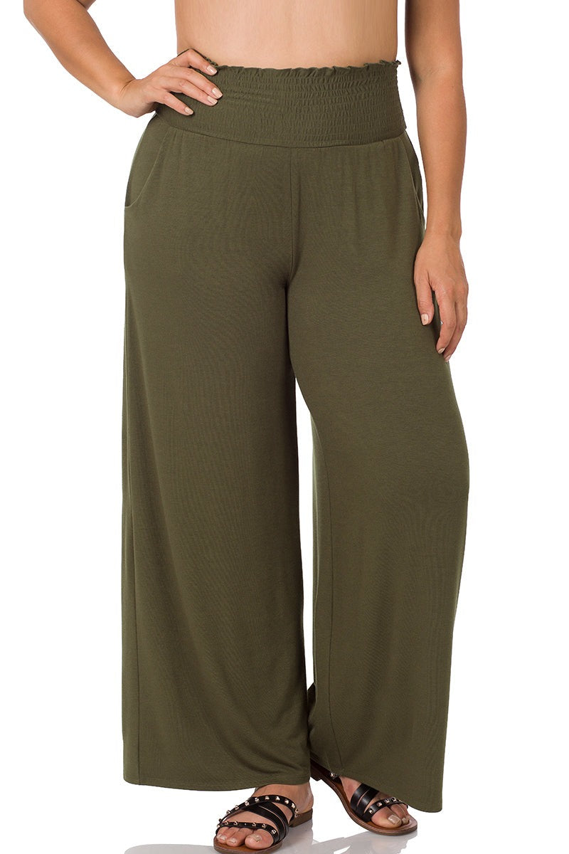 Plus Olive Smocked Waistband Lounge Pants (With Pockets)