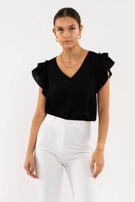 Black Flutter Sleeve V-Neck Blouse with Button Accent