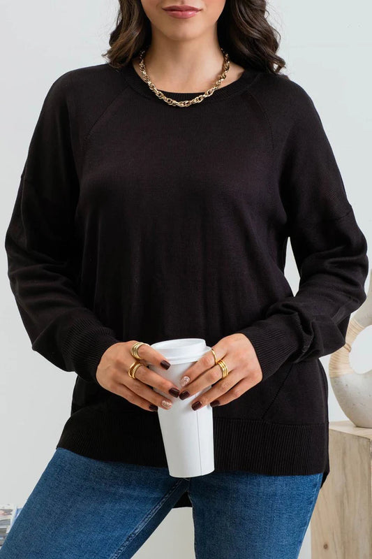 Black Lightweight Sweater with Back Button Accent