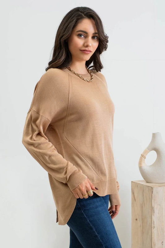 Tan Lightweight Sweater with Back Button Accent