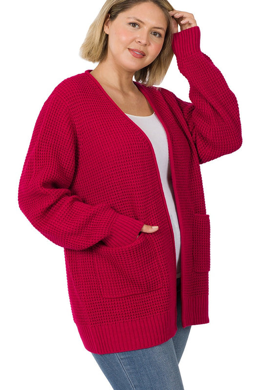 Plus Red Waffle Knit Cardigan