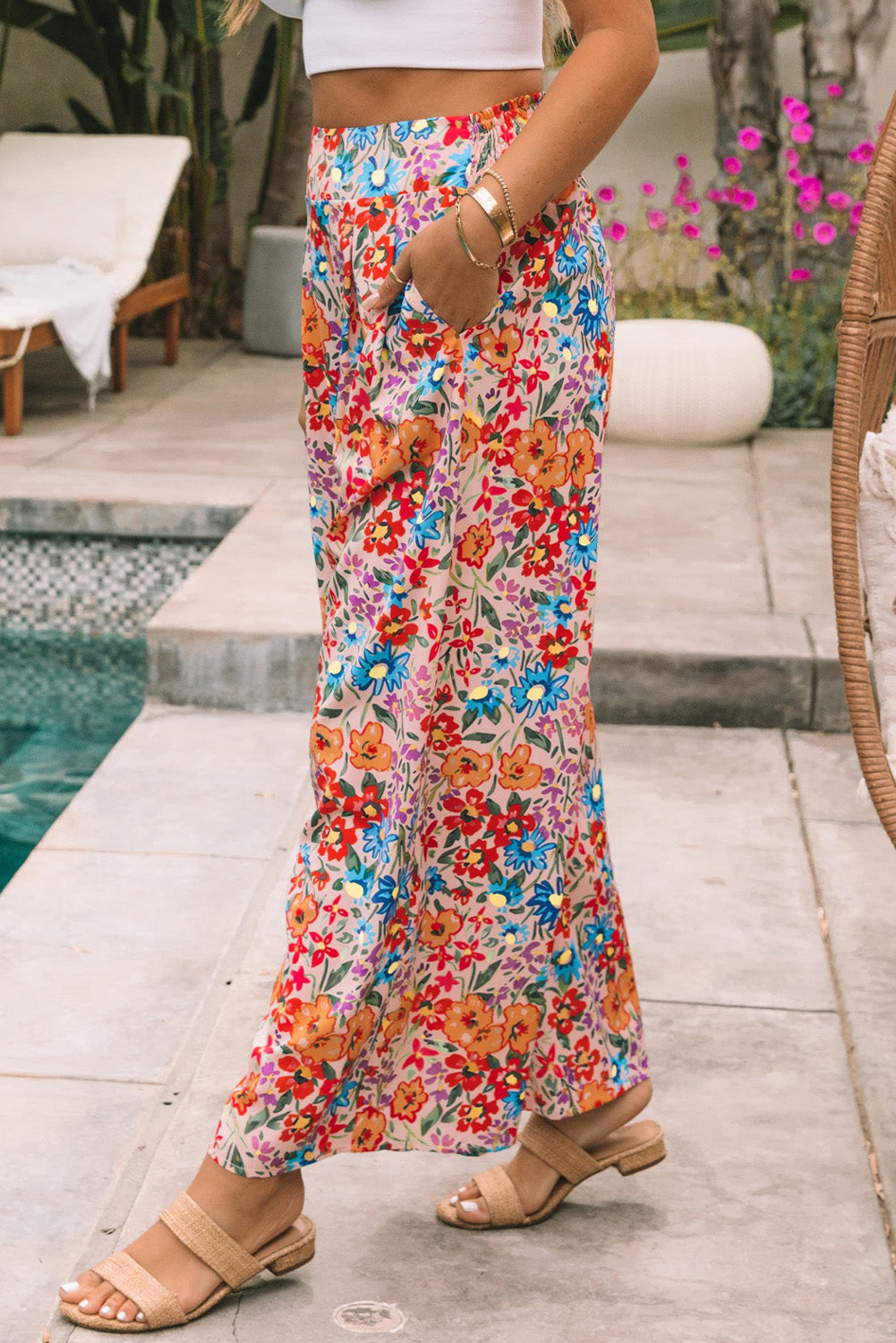 Floral-Wide Leg Oversized Pants with Pockets