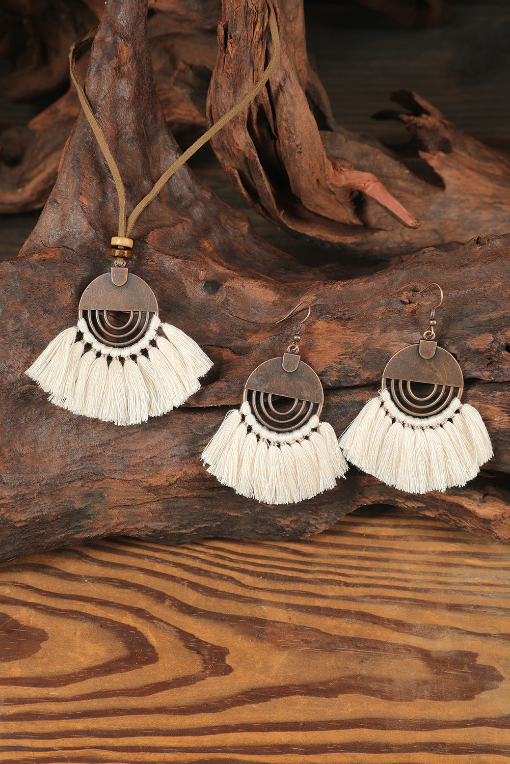 Beige Boho Tasseled Earrings and Necklace Set