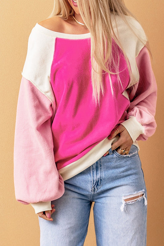 Rose Colorblock Pullover Fleece Sweatshirt