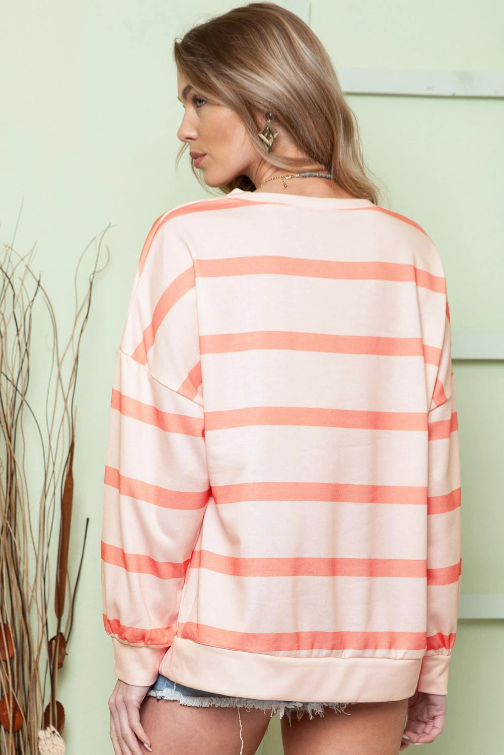 Orange Striped Drop Shoulder Pullover Sweatshirt