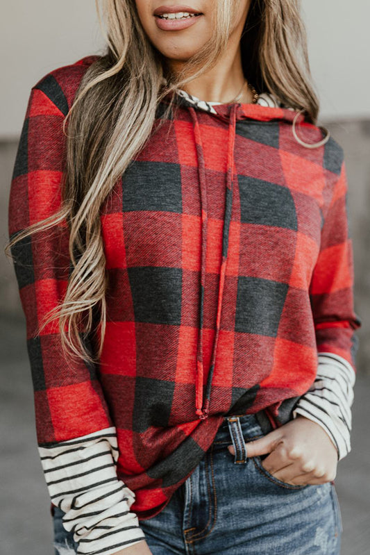 Red Plaid Patchwork Lightweight Hoodie