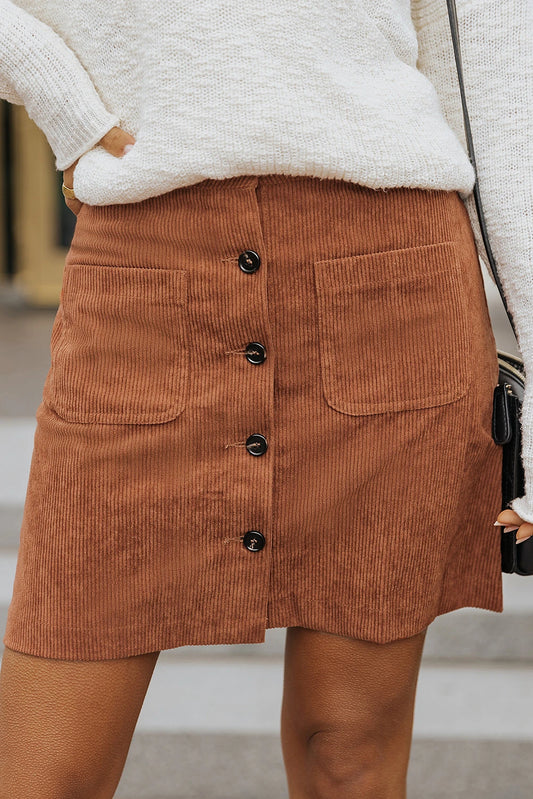 Brown Buttons Front Pockets A-Line Corduroy Skirt