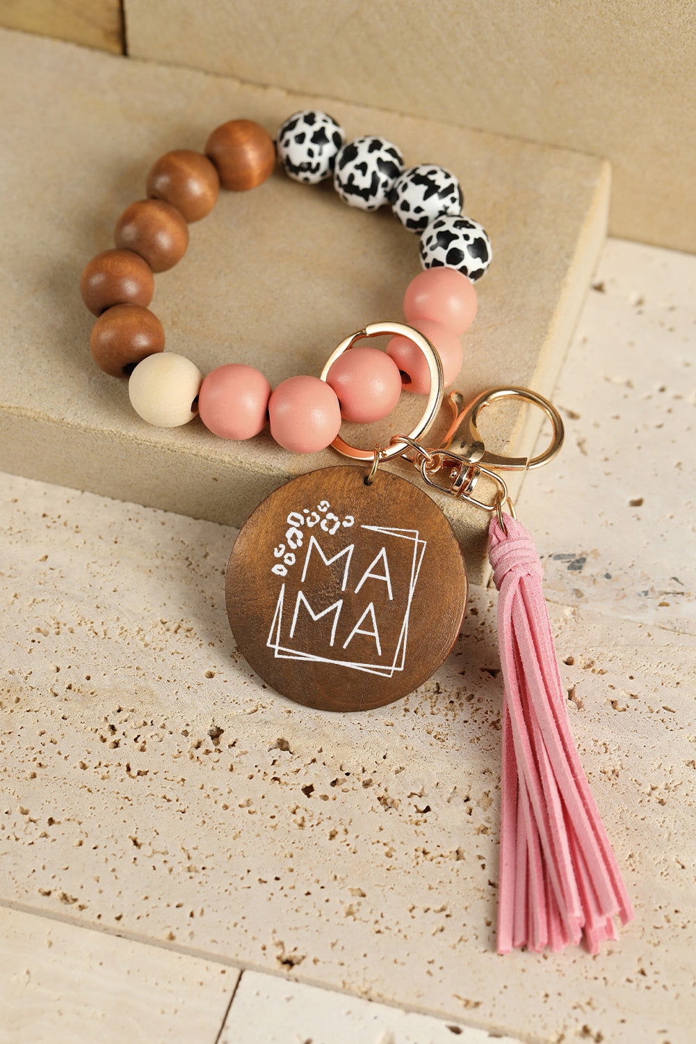 Pink MAMA Wood Pendant Cheetah Fringe Keychain