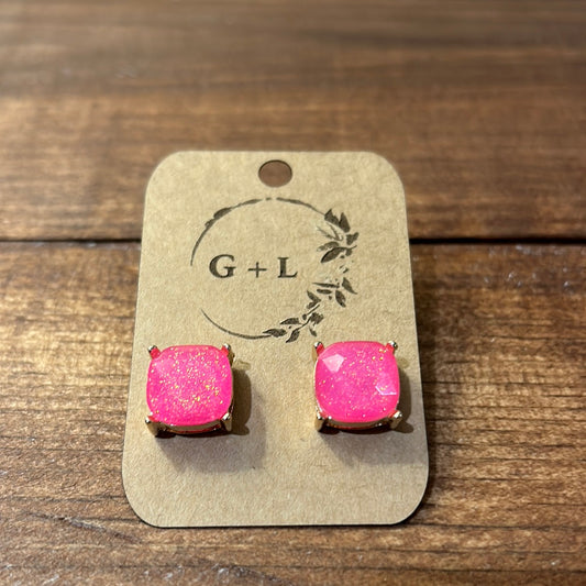 Sparkle Neon Pink Square Earrings