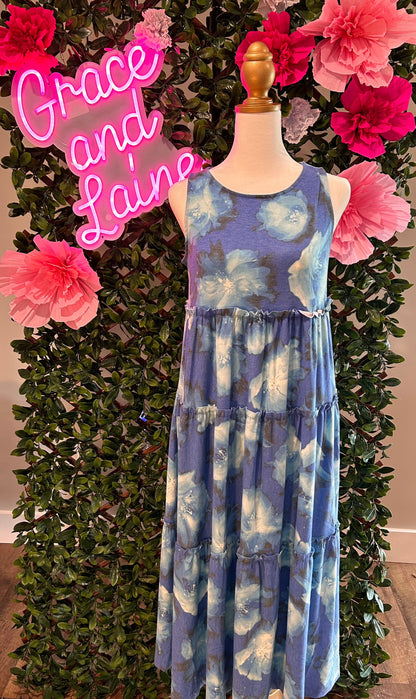 Blue Floral Sleeveless Tiered Midi Dress