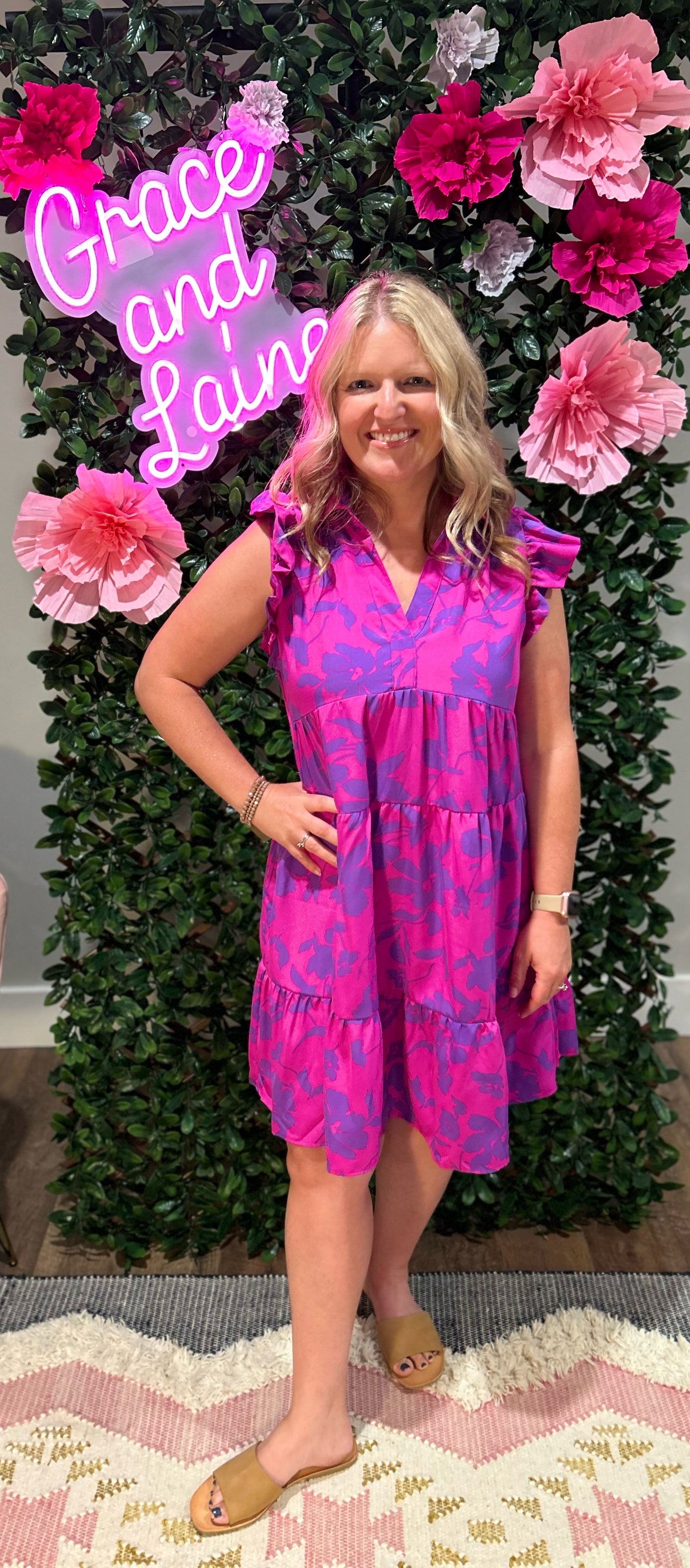 Umgee Magenta Floral Print Tiered Dress